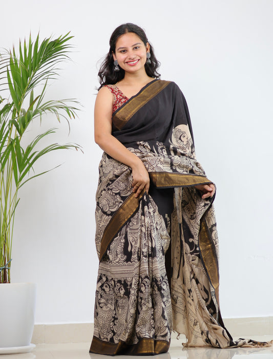 Black Nizam Border Kalamkari Silk Saree