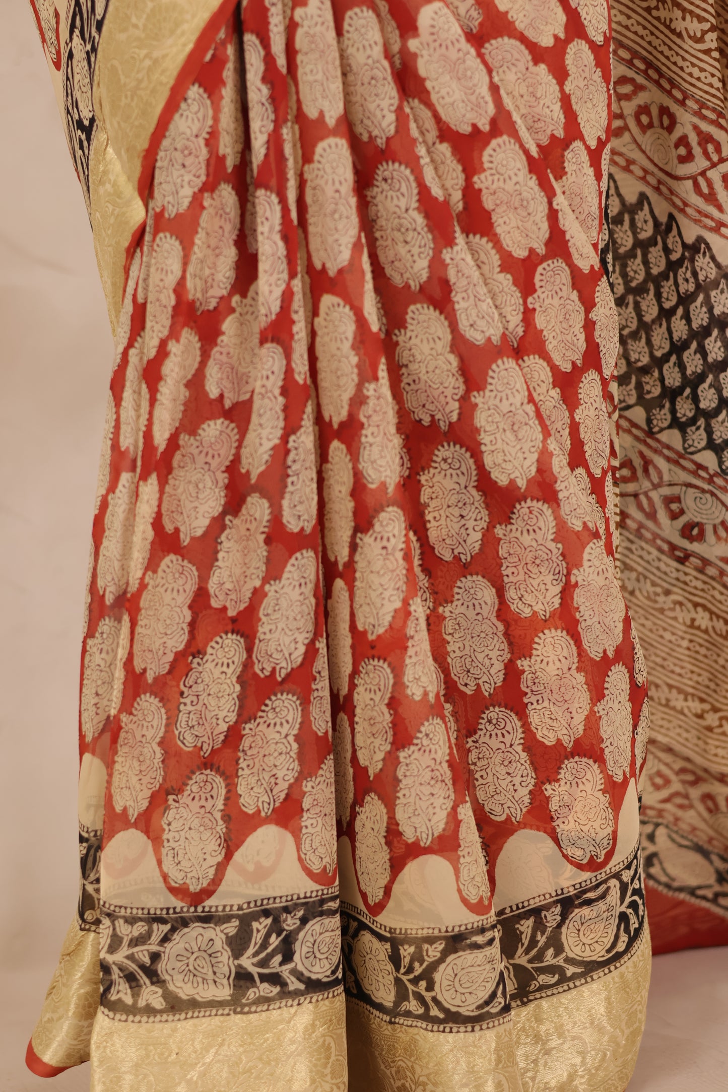 Maroon Chiffon Hand Block Printed Saree with Jari Border | Looms & Tassels