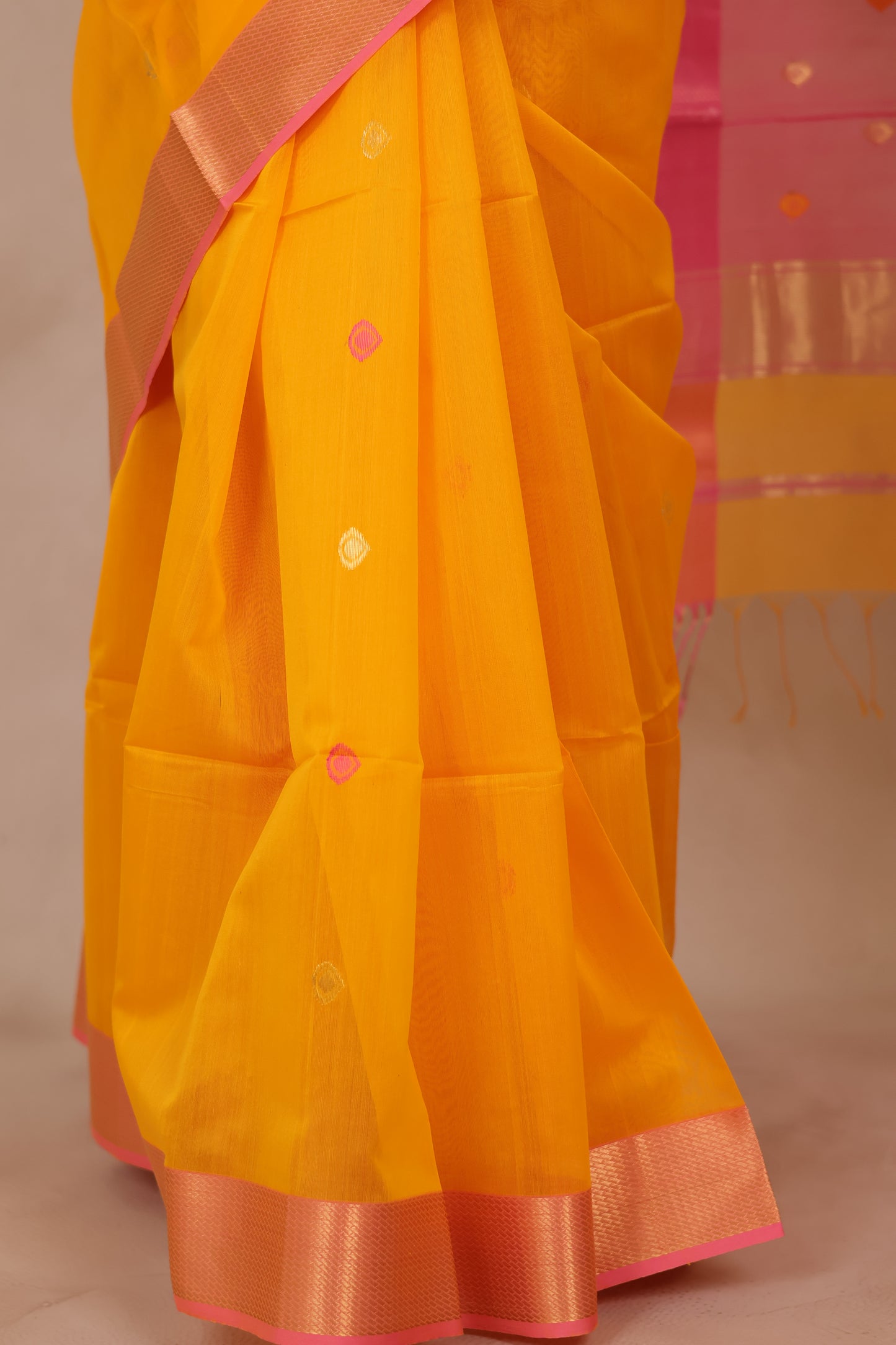 Yellow & Pink Handloom Maheswari Silk Cotton Sarees | Looms & Tassels