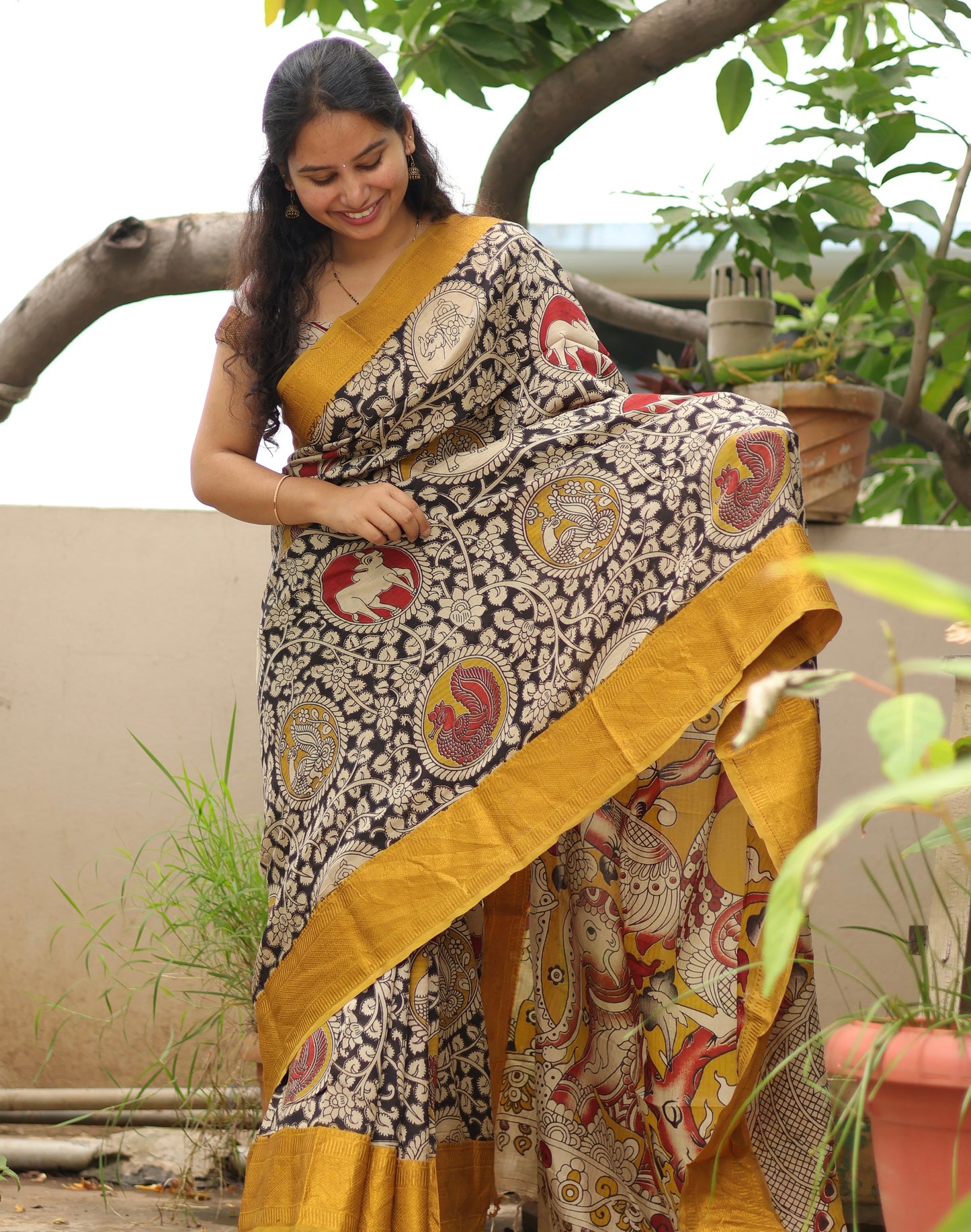 Black Kanchi border Kalamkari chennur silk saree