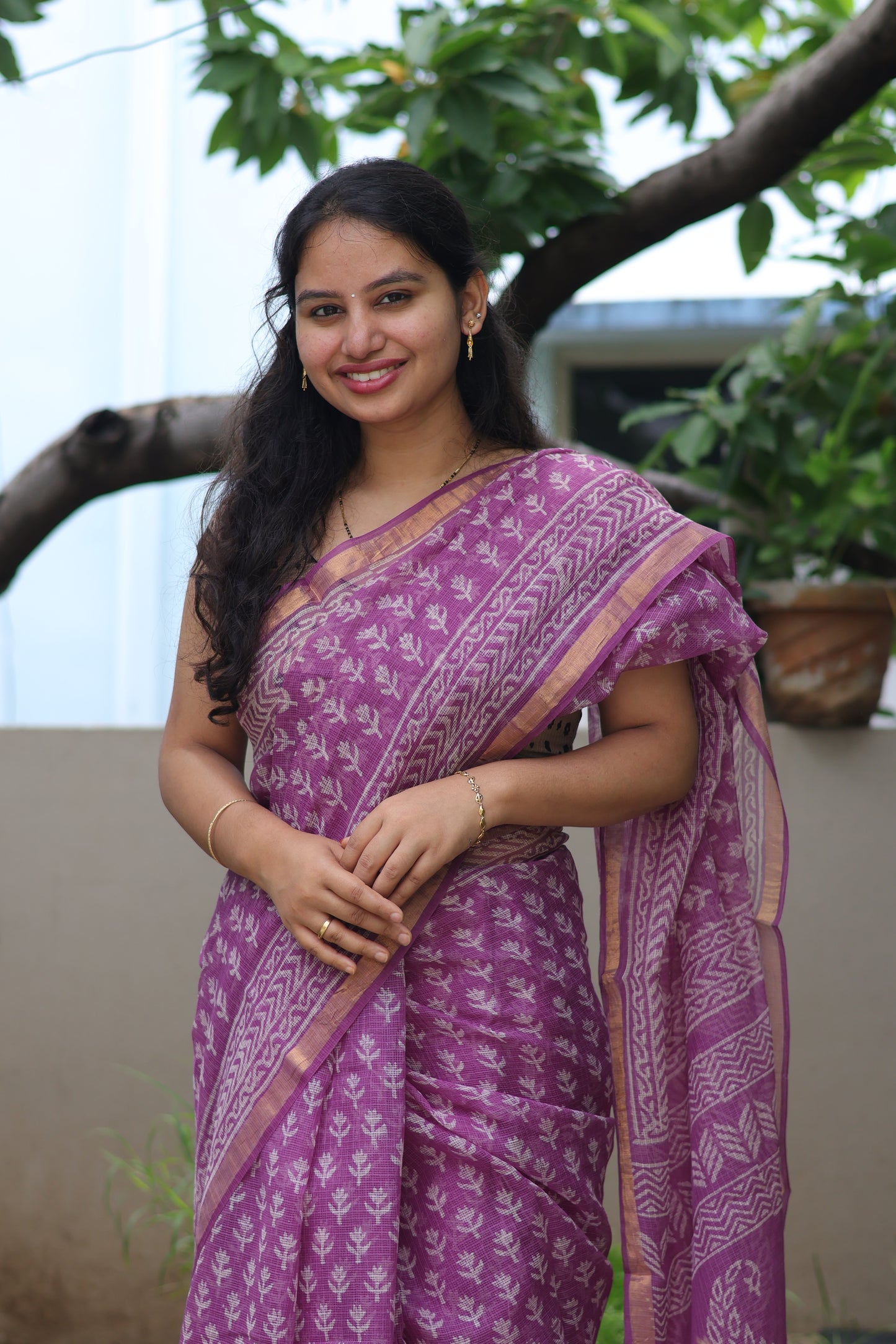 Lavender Bagru Hand block printed Kota Doriya Saree