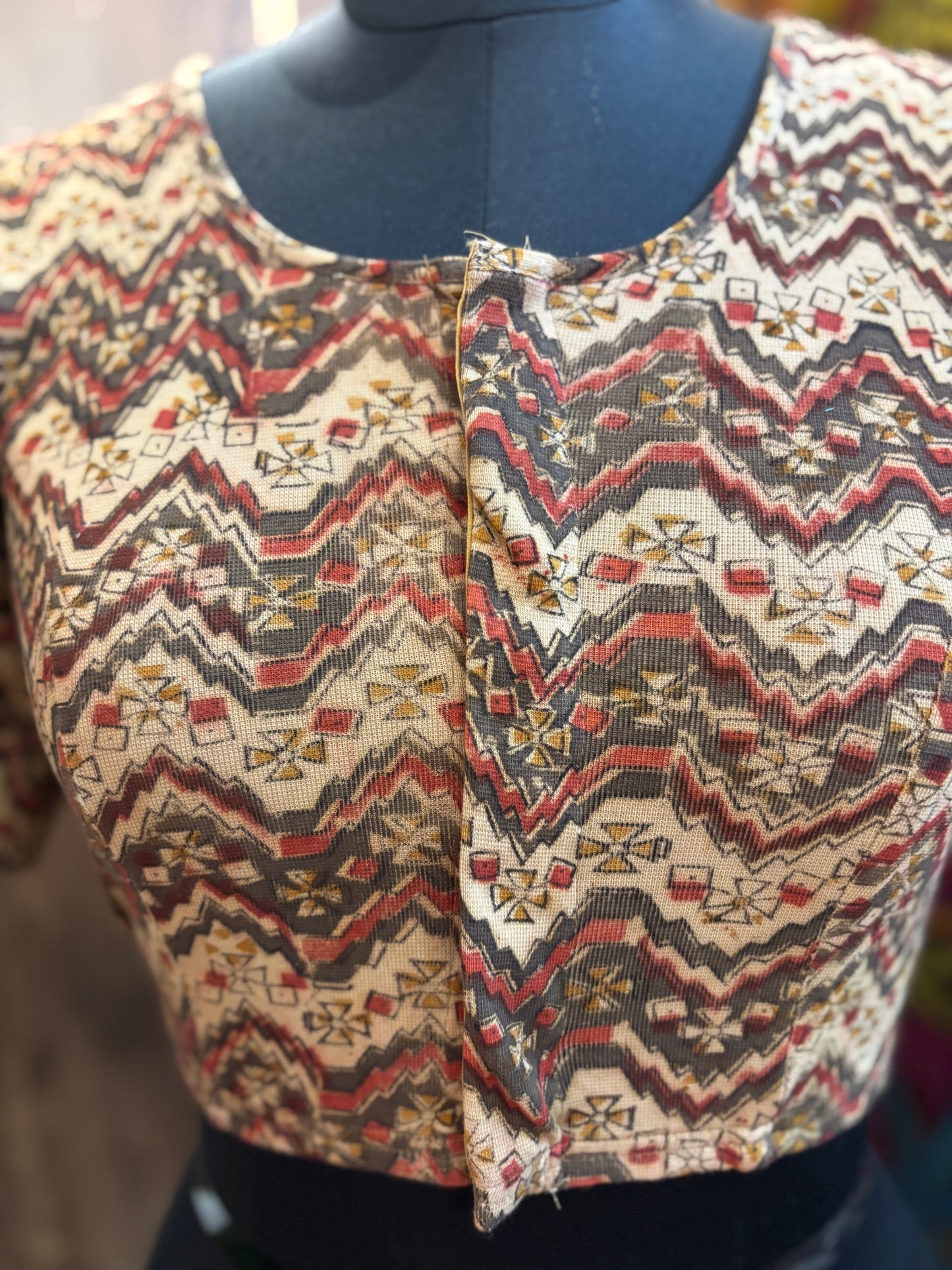 Round neck Stretchable Hand block printed kalamkari blouse with front hooks