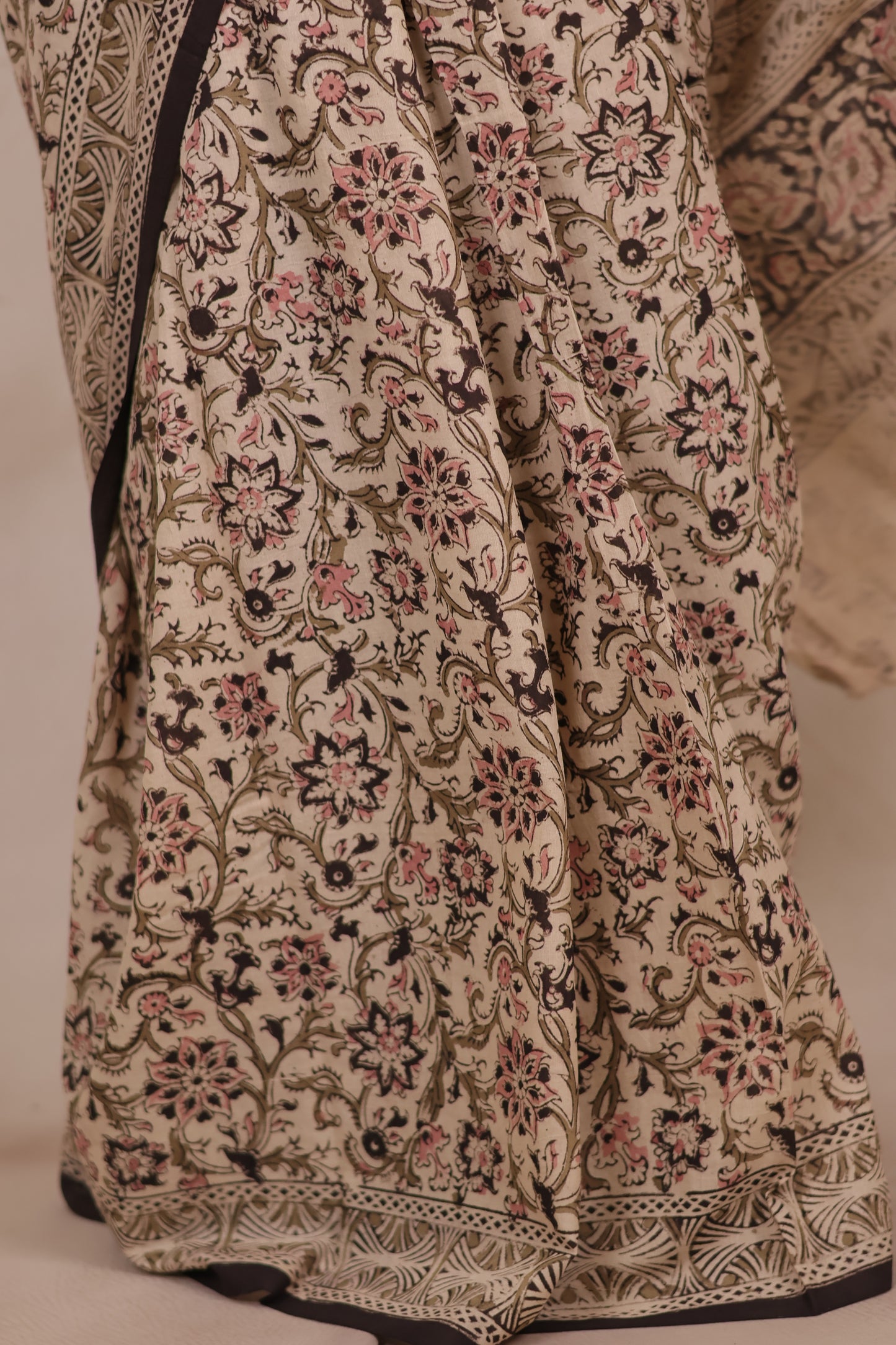 Cream Hand Block Printed Kalamkari Cotton Saree | Looms & Tassels