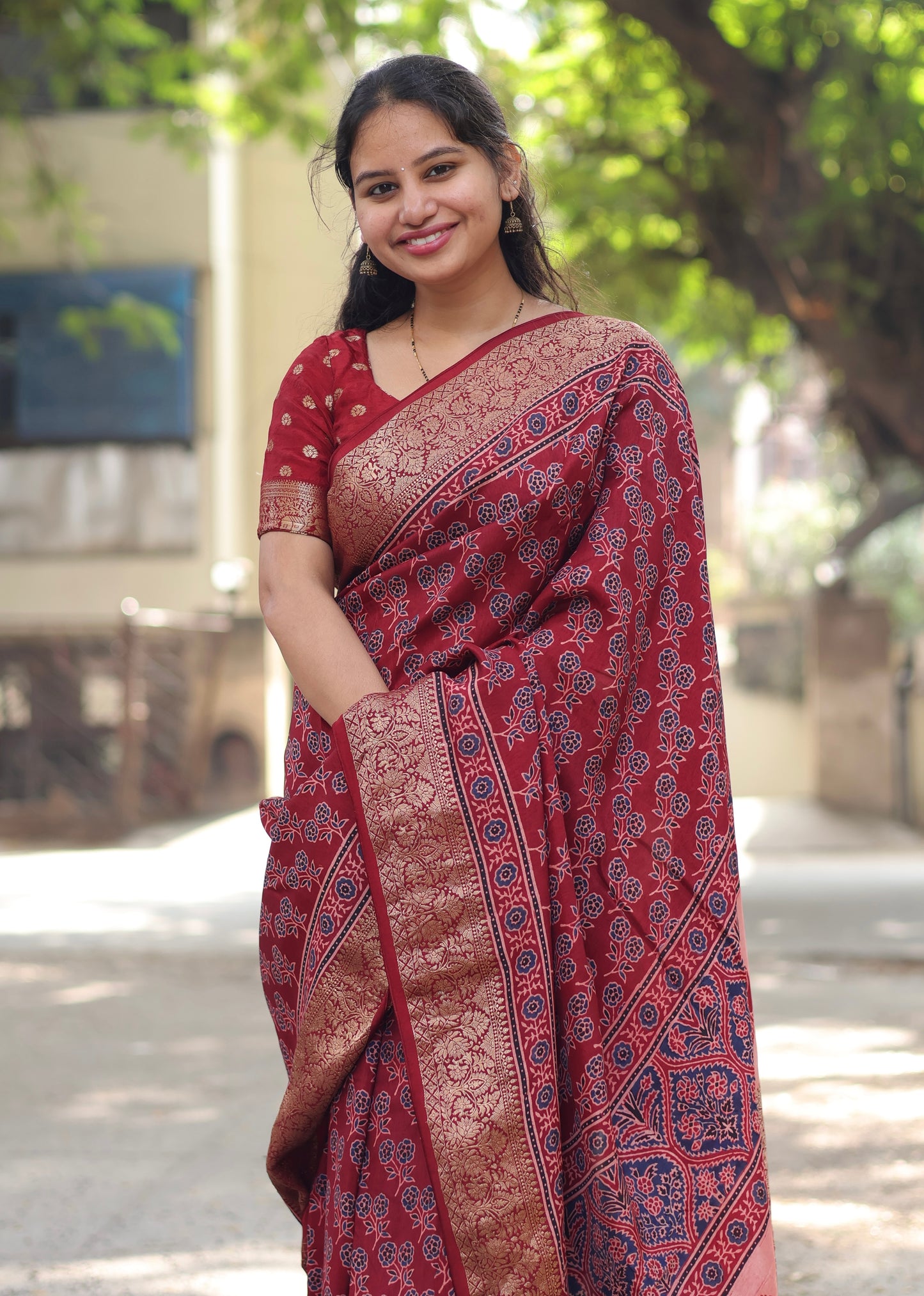 Maroon butta Ajrakh Dola Silk Saree