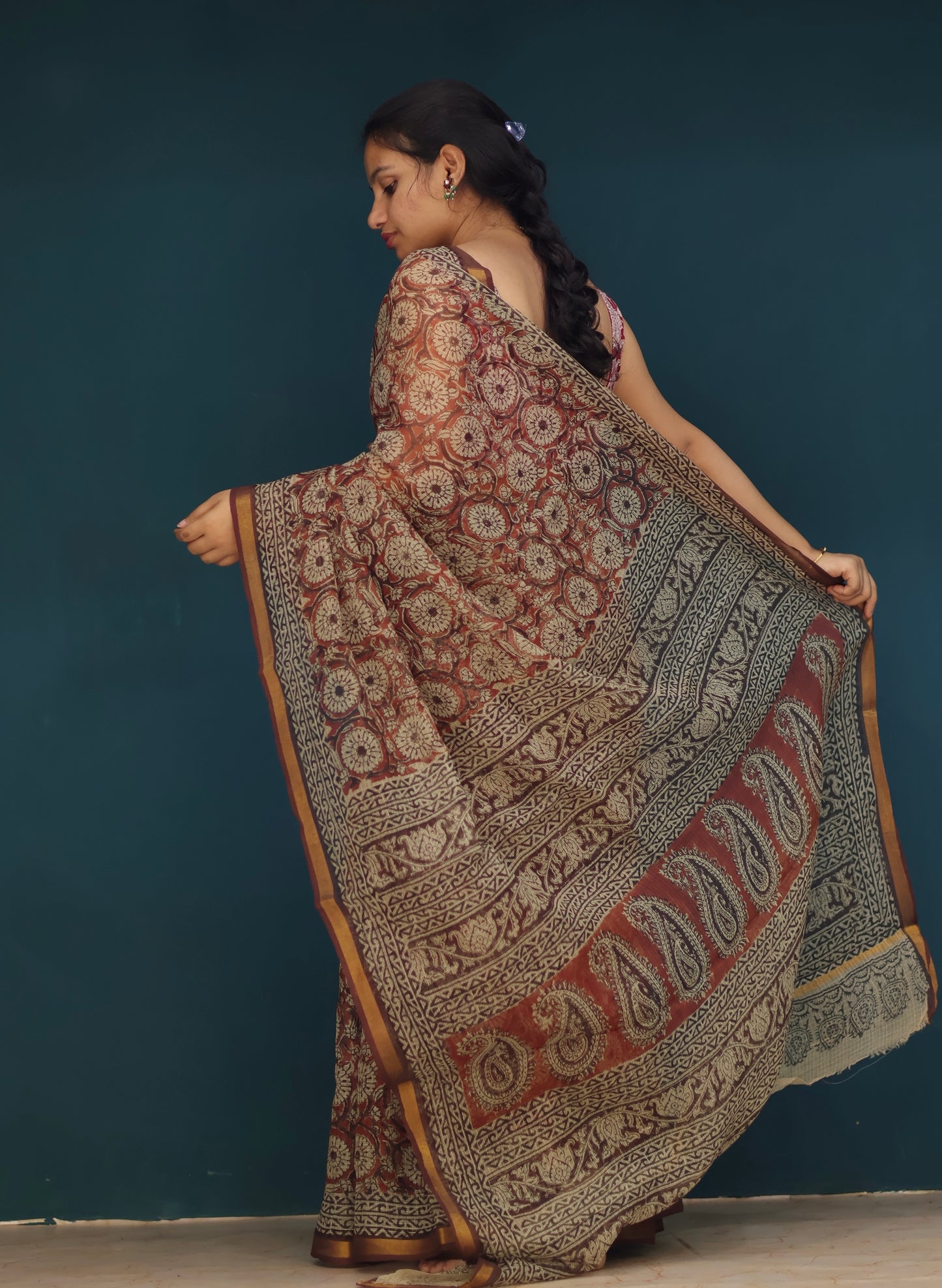 Kalamkari Hand block printed Kota Doriya Saree