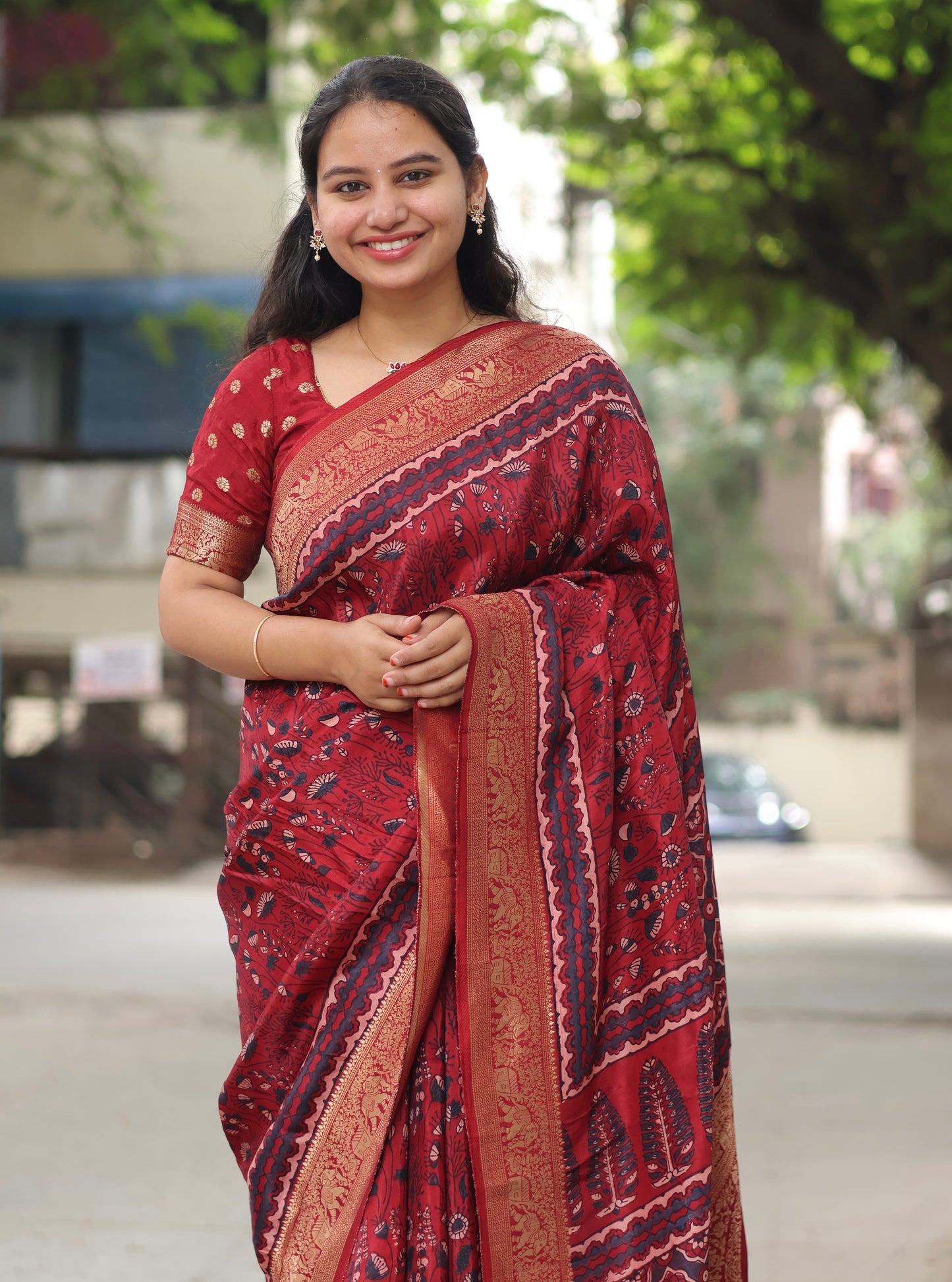 Maroon Ajrakh Dola Silk Saree