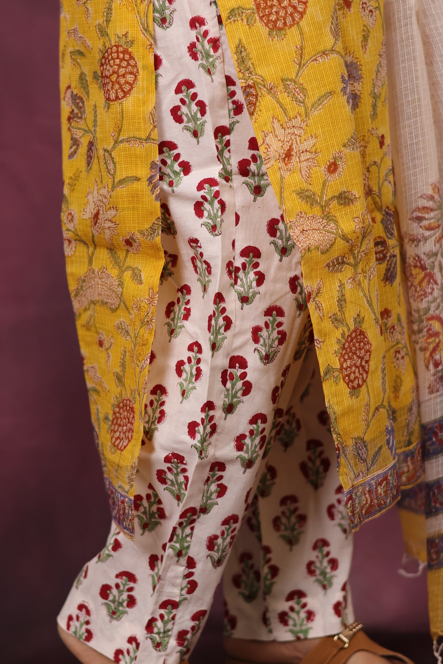 Yellow Handblock printed kota 3 piece suit (stitched)