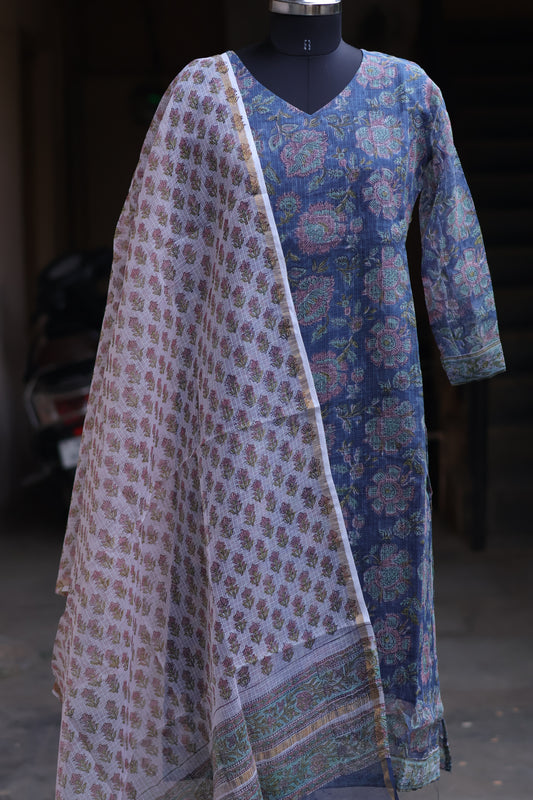 Teal Handblock printed kota 3 piece suit (stitched)