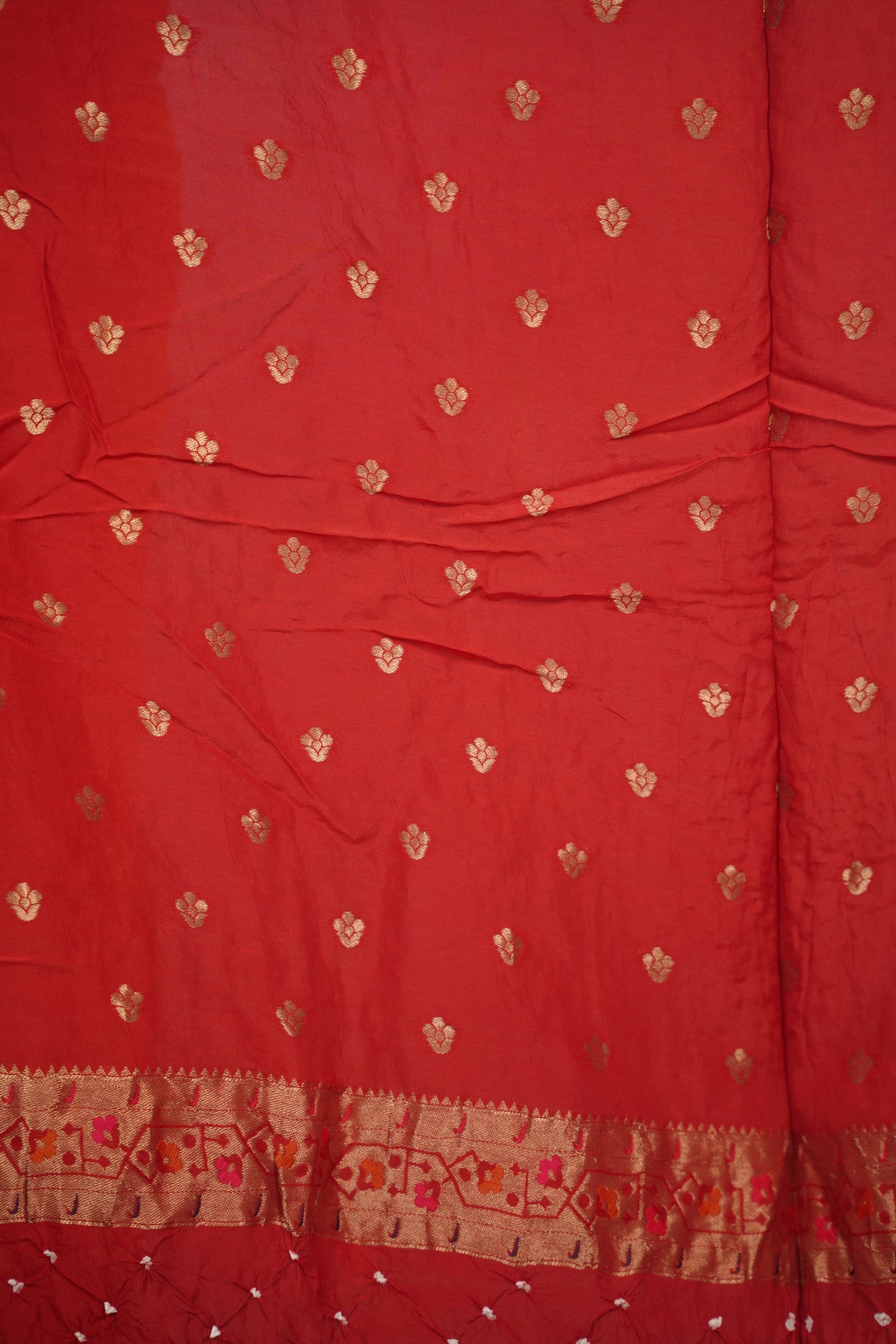 Red Handcrafted Bandhani Paithani Dola Silk Saree | Looms & Tassels