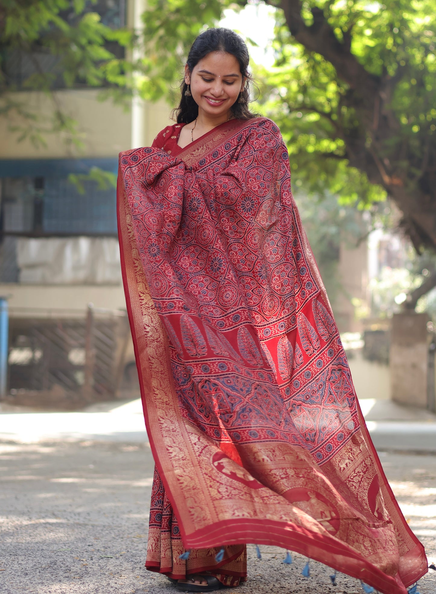 Maroon Traditional Ajrakh Dola Silk Saree