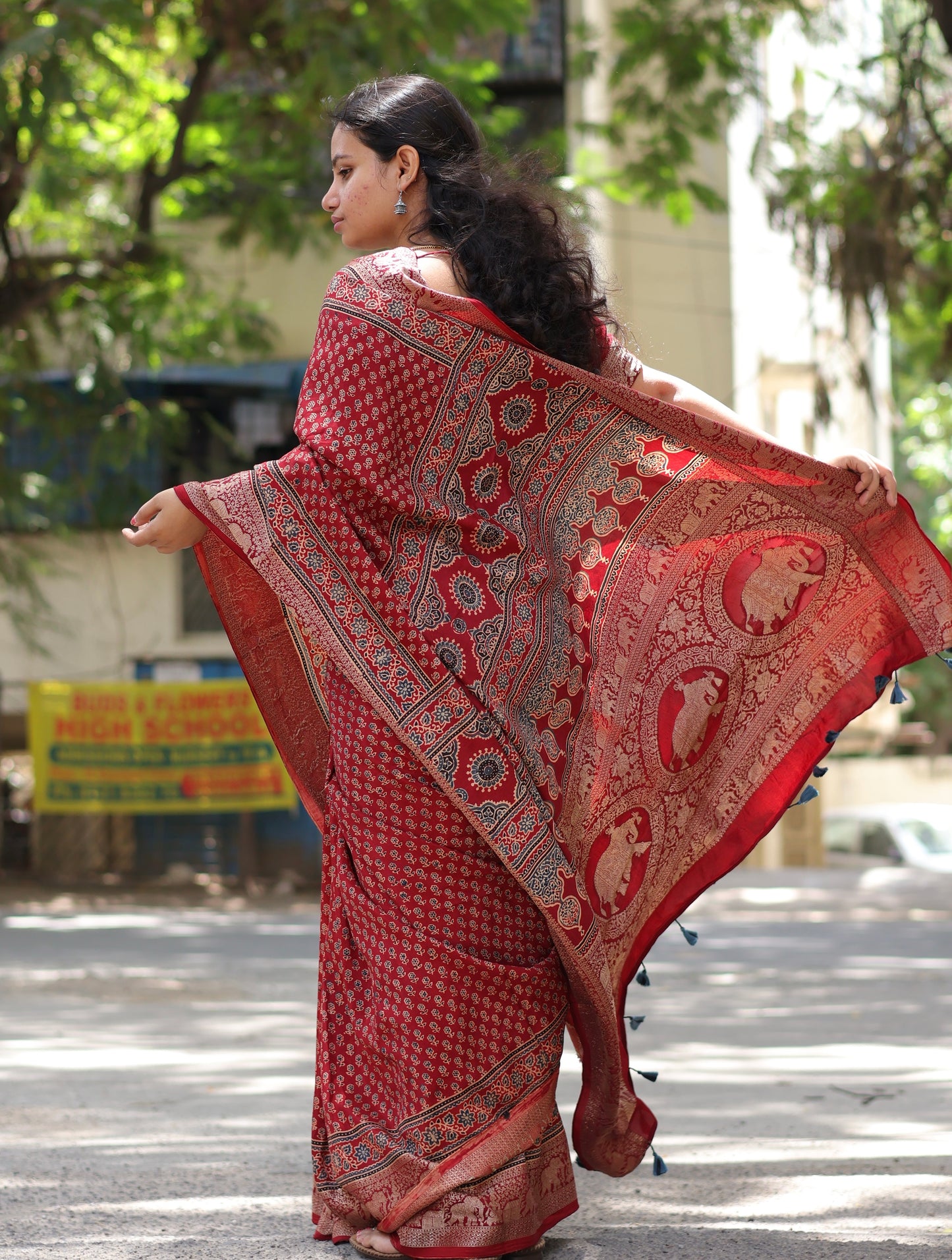 Flower Butta Ajrakh Dola Silk Saree