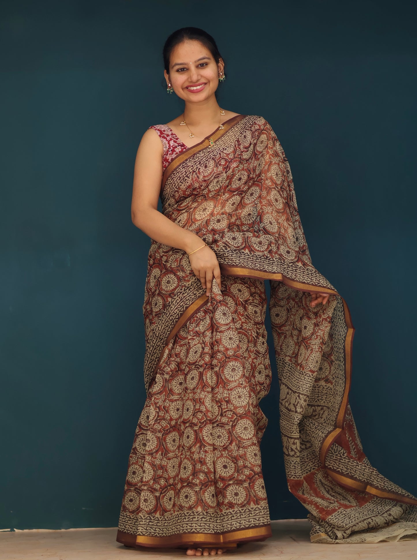 Kalamkari Hand block printed Kota Doriya Saree