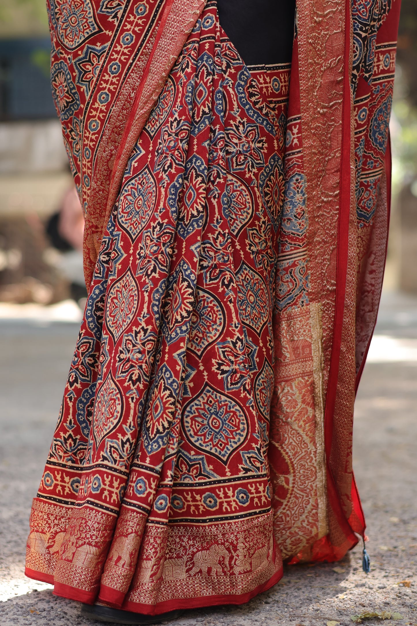 Black & Red Ajrakh Dola Silk Saree
