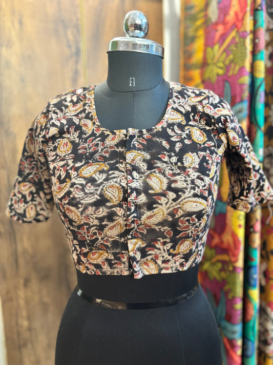 Black Round neck Stretchable Hand block printed kalamkari blouse with front hooks