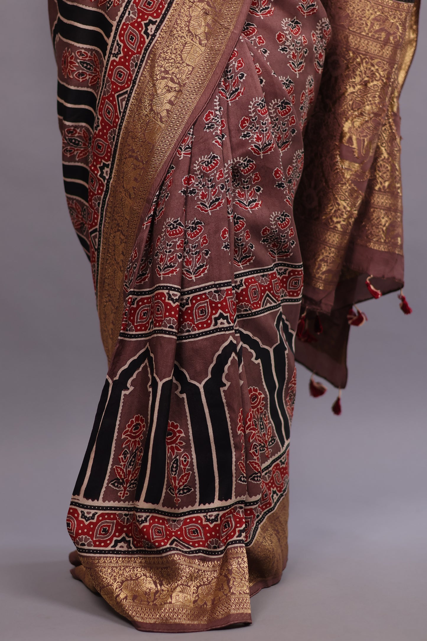 Brown Flower Butta Authentic Ajrakh Hand Block printed Dola Silk Saree | Looms & Tassels