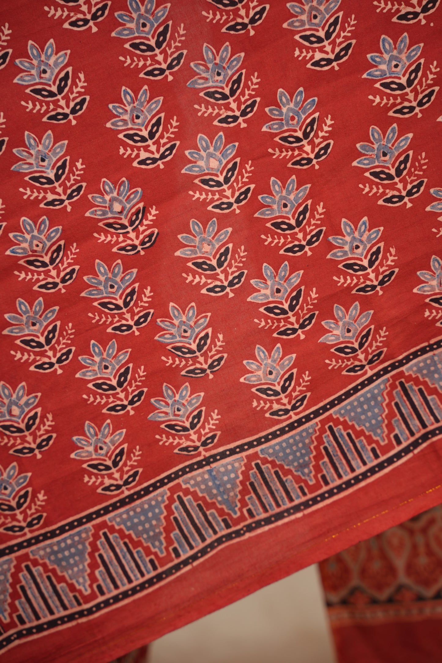 Red Ajrakh Hand Block Printed Cotton Saree | Looms & Tassels