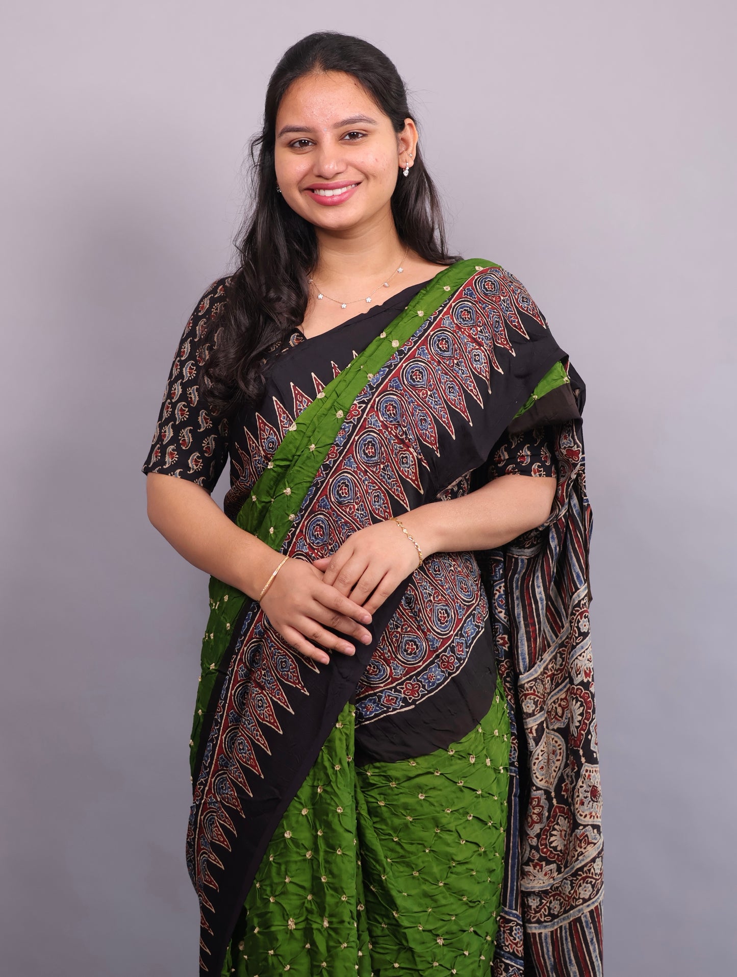 Parrot Green Hand Knotted Ajrakh Bandhej Modal Silk Saree | Looms & Tassels