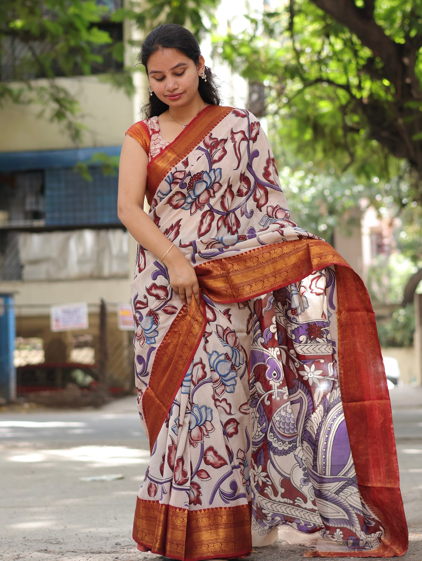 Lotus Kanchi Border Kalamkari Chennur Silk Saree