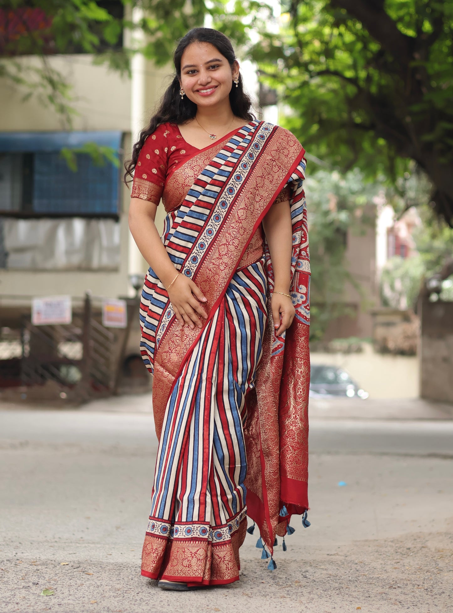 Stripes Ajrakh Dola Silk Saree