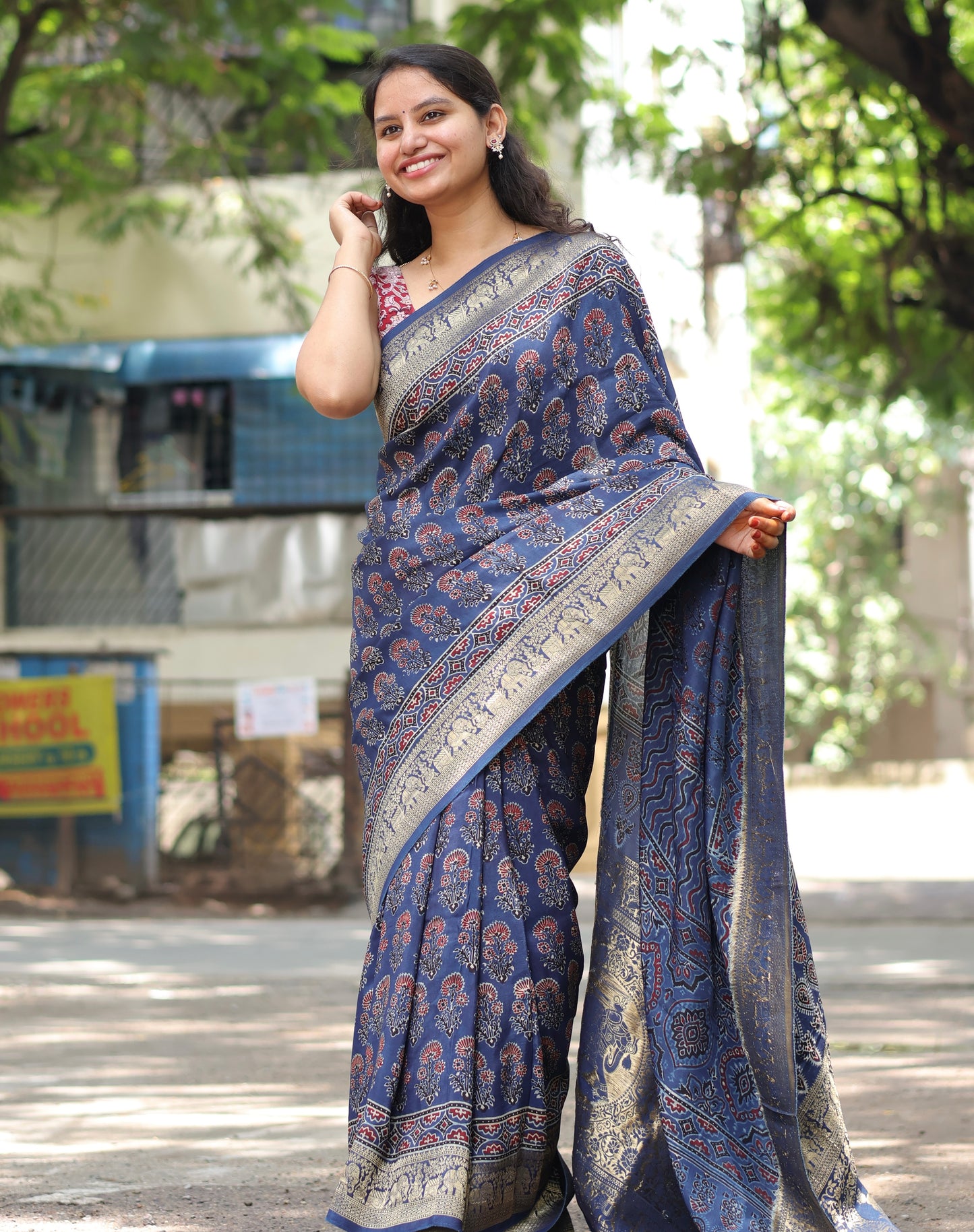 Indigo Ajrakh Dola Silk Saree