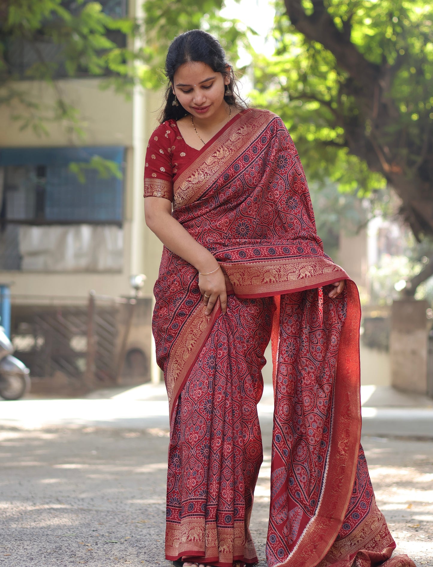 Maroon Traditional Ajrakh Dola Silk Saree