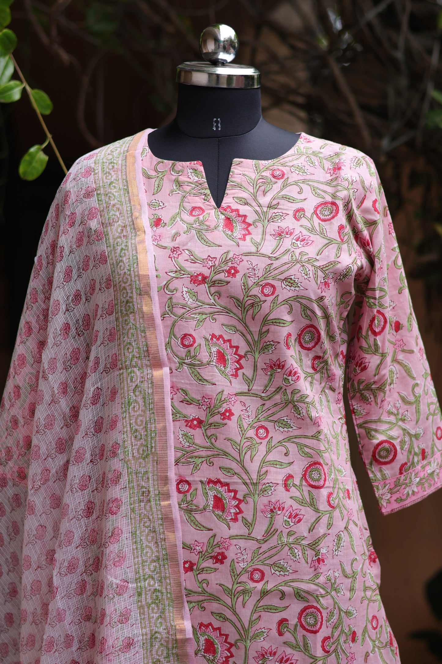 Pink Handblock printed Pure Mul Cotton with Kota Doria Duppata 3 piece suit (stitched)