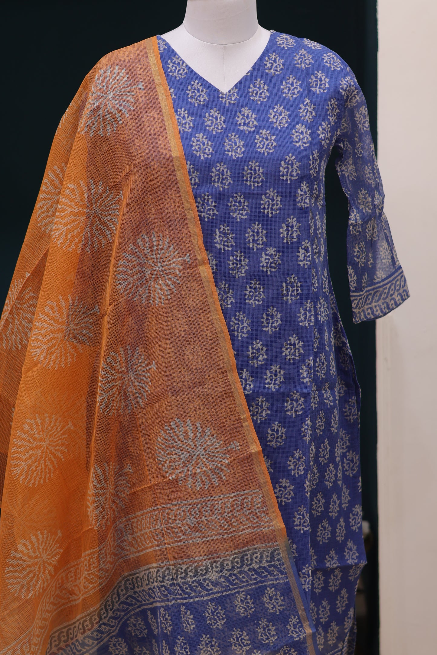 Blue Handblock printed kota 3 piece suit (stitched)