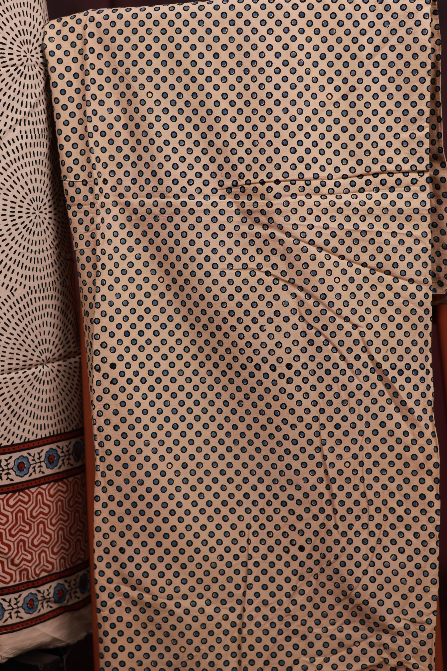 Off White Ajrakh Handblock Printed Pure Cotton 2 Piece Suit Set | Looms & Tassels