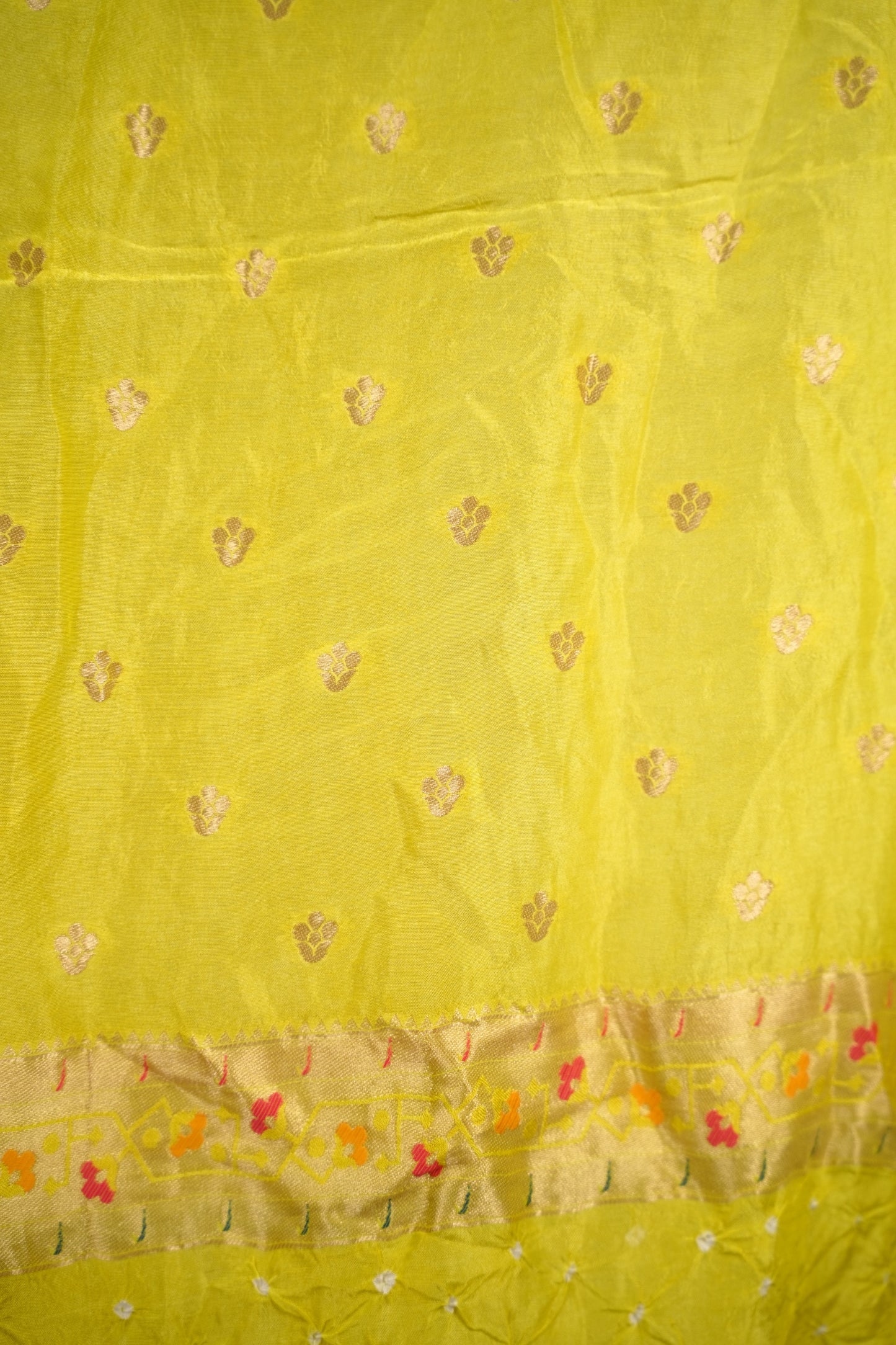 Lemon Green Handcrafted Bandhani Paithani Dola Silk Saree | Looms & Tassels