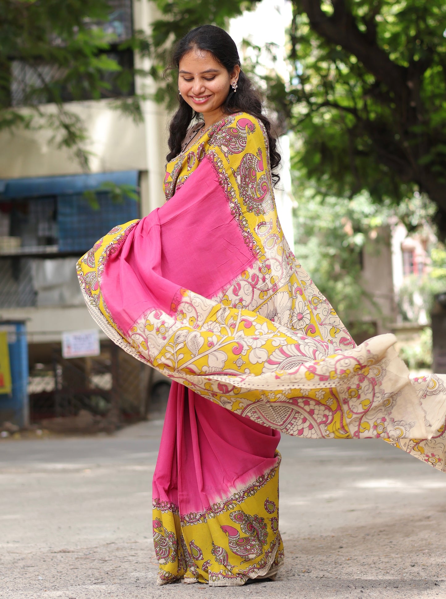 Pink & Yellow Kalamkari dyeing premium chennur silk saree