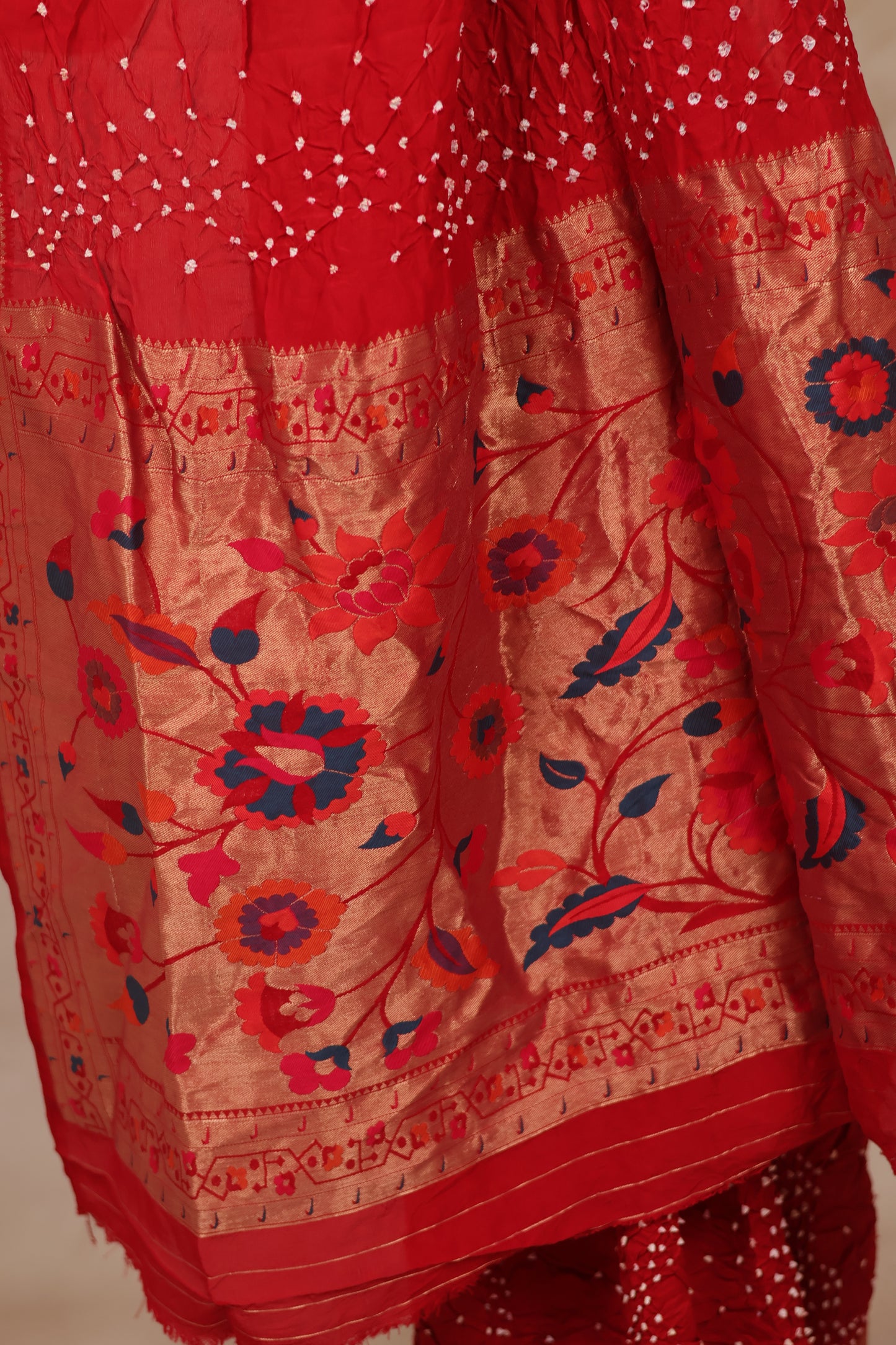 Red Handcrafted Pattern Bandhani Paithani Dola Silk Saree | Looms & Tassels