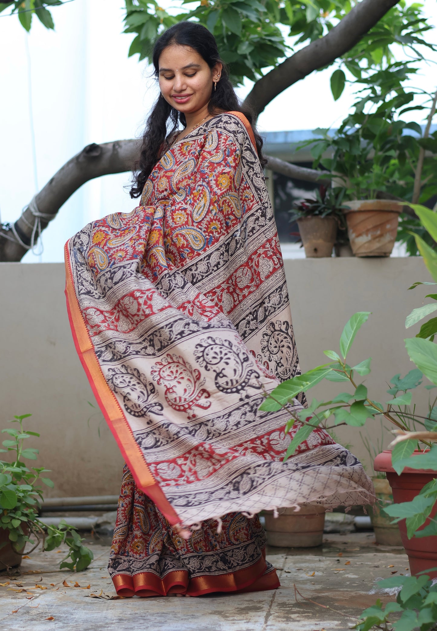 Hand Block Printed Kalamkari Nizam Border Silk Saree
