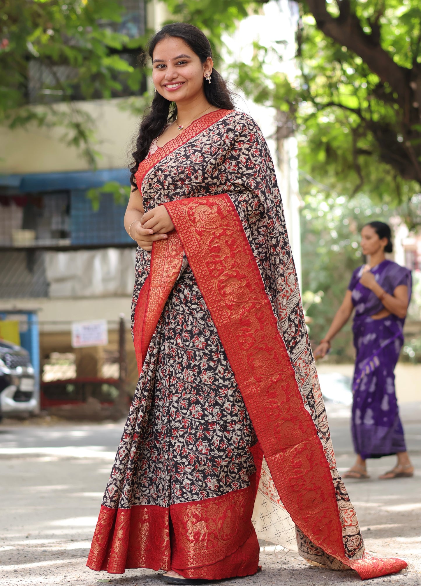 Black & Red Kuppadam Border Kalamkari Uppada Silk Saree