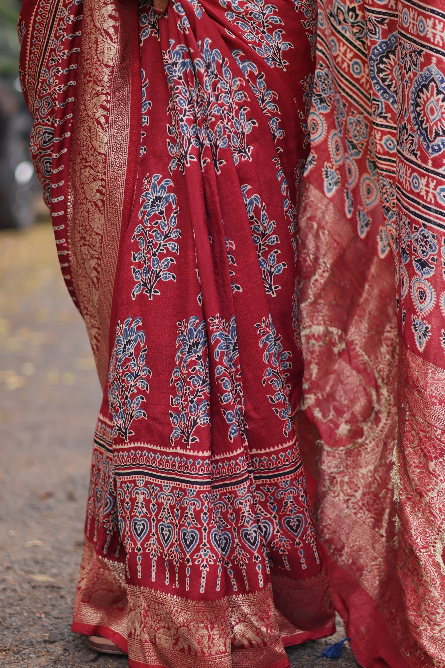 Red Floral Motifs Ajrakh Handblock Printed Dola Silk Saree