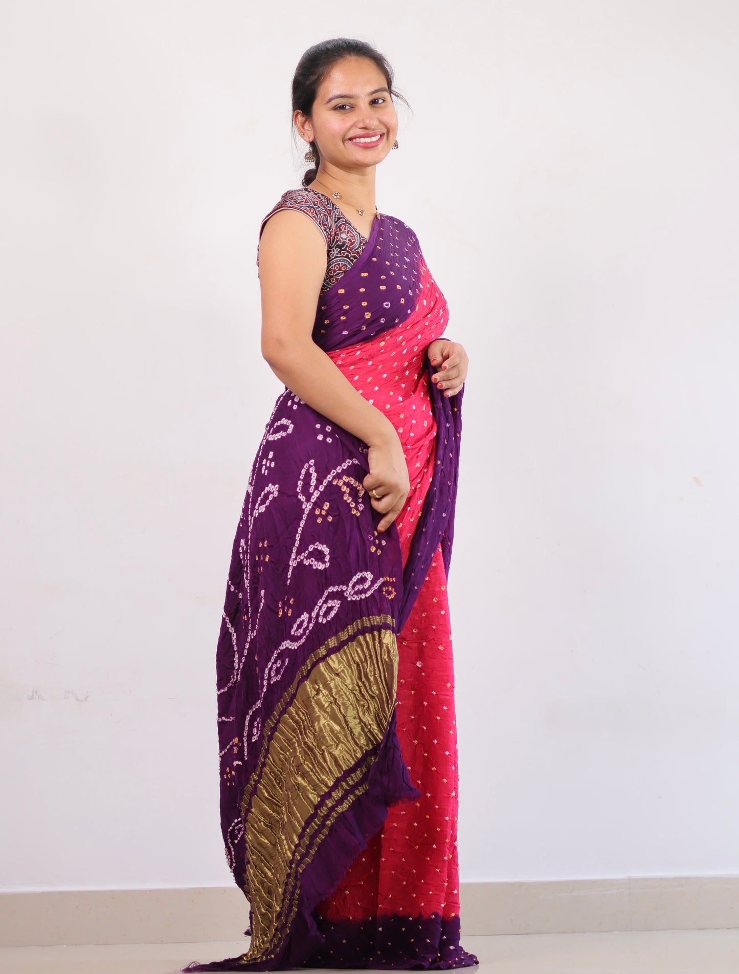 Pink & purple Bandhej Modal Silk Saree