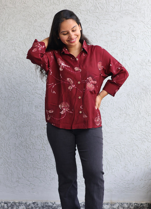 Maroon Hand drawn pen batik shirt