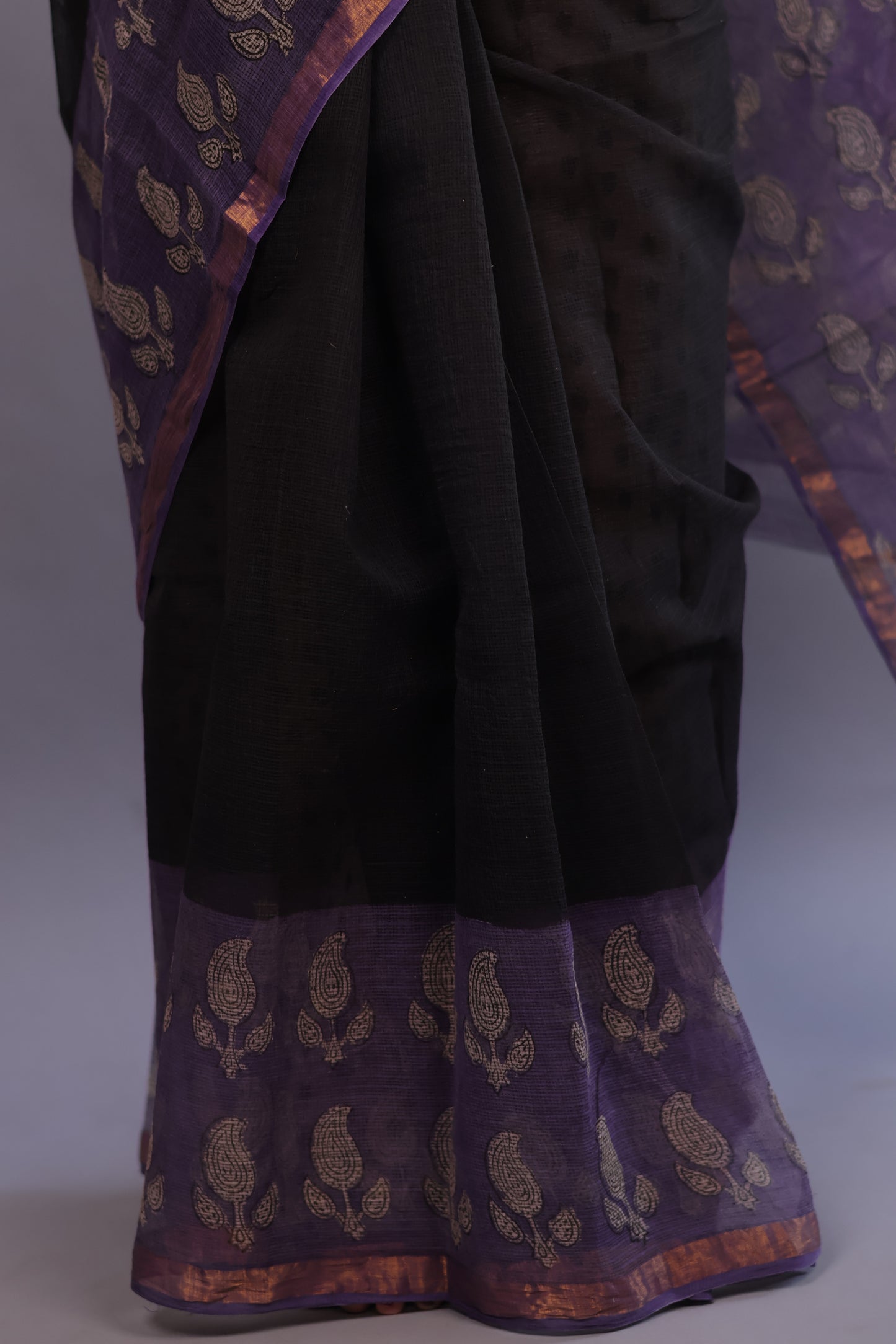 Pure Kota Doria Saree with Bagru Handblock Prints – Black | Looms&Tassels