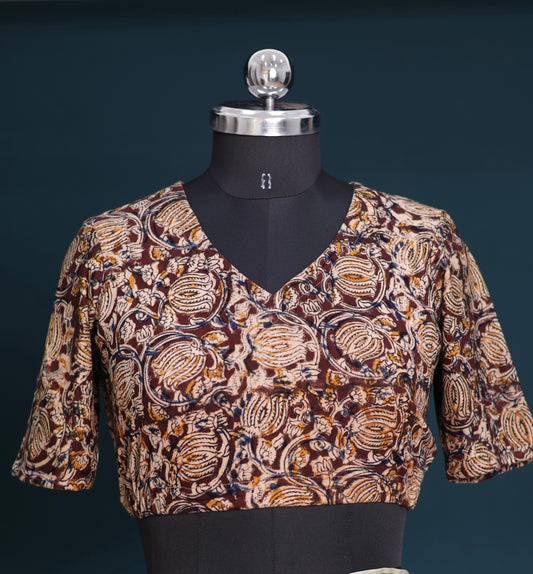 V neck Stretchable Hand block printed kalamkari blouse