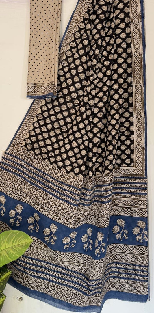 Black Bagru Handblock printed MulMul cotton saree