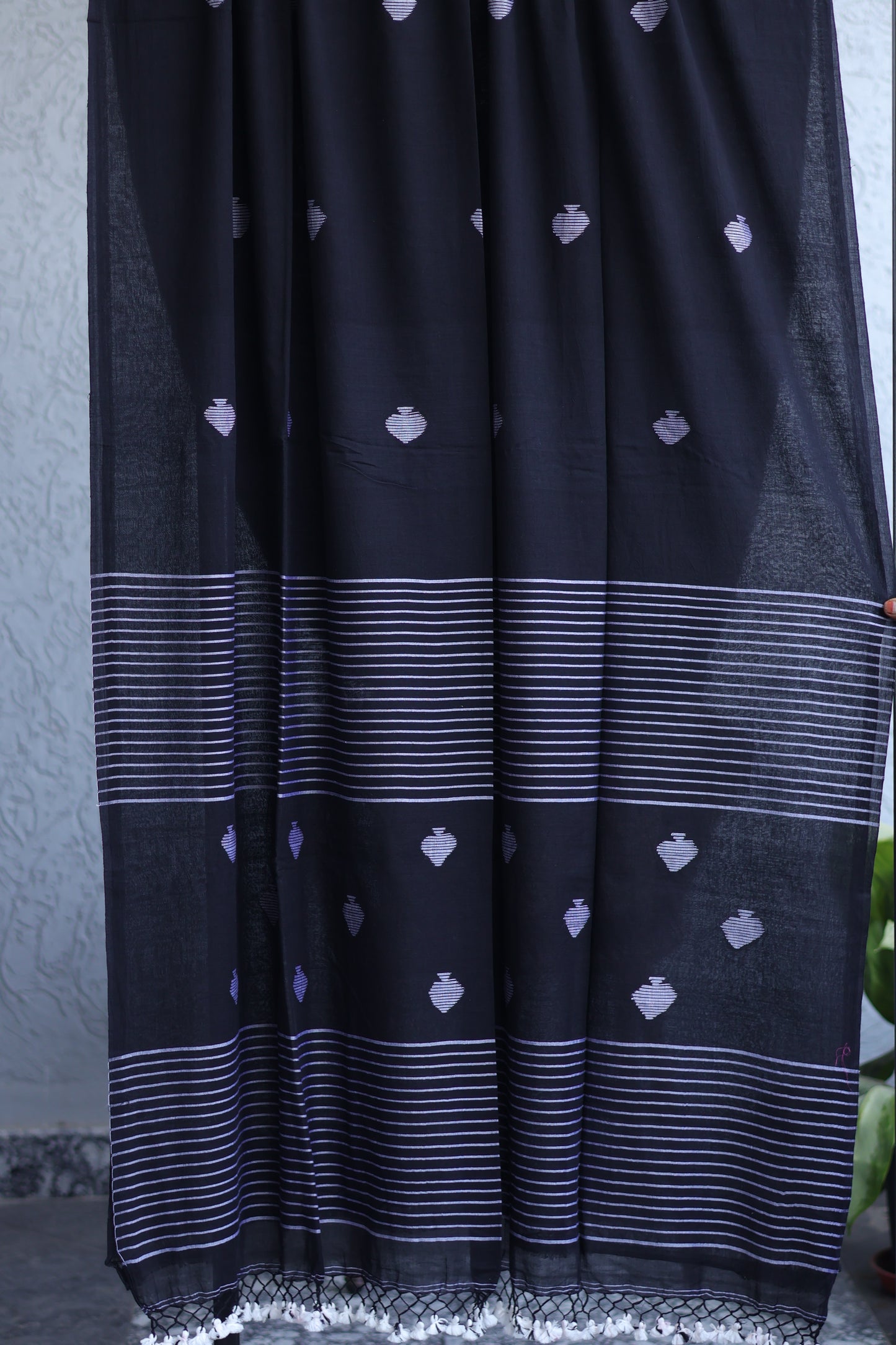Black Pure Handwoven Malai Cotton Saree with Butta Weaving