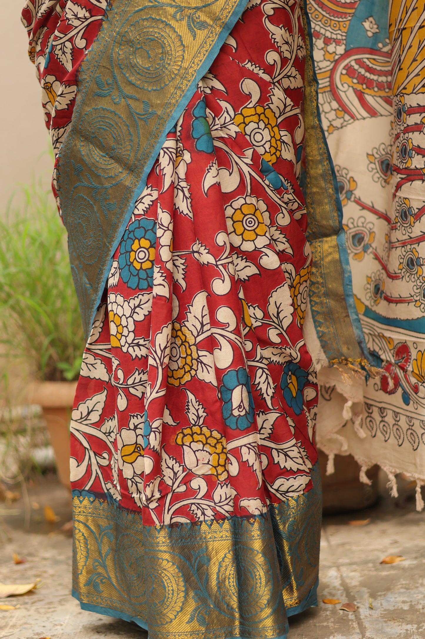 Red Kanchi border Kalamkari chennur silk saree