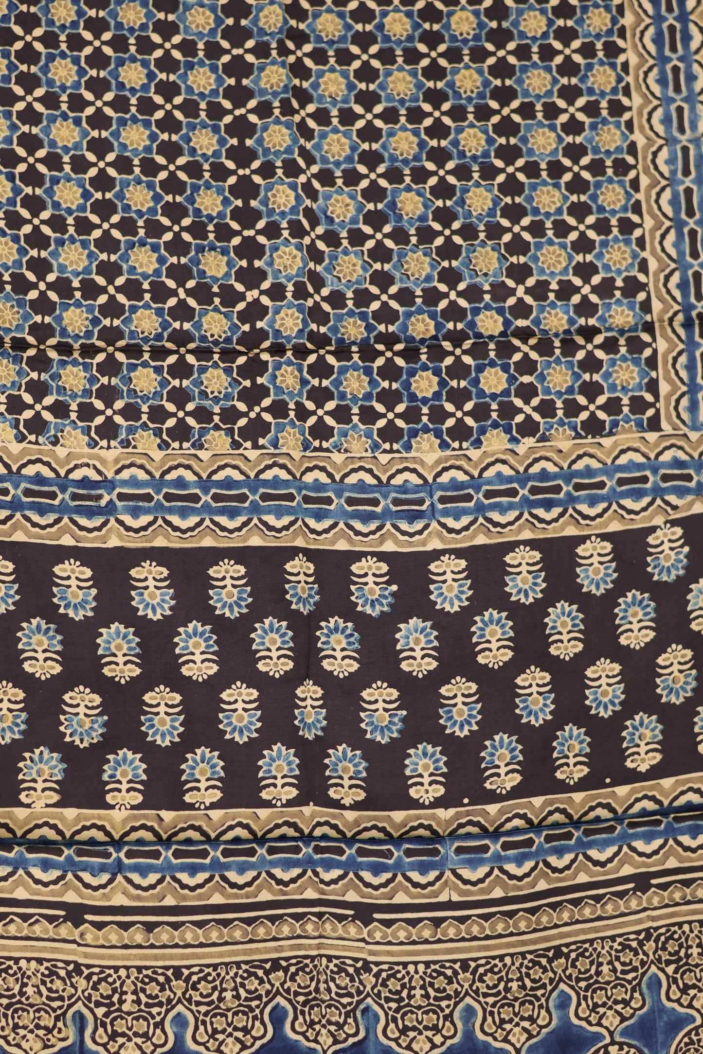 Black Ajrakh Hand Block Printed Modal Silk Stole | Looms & Tassels