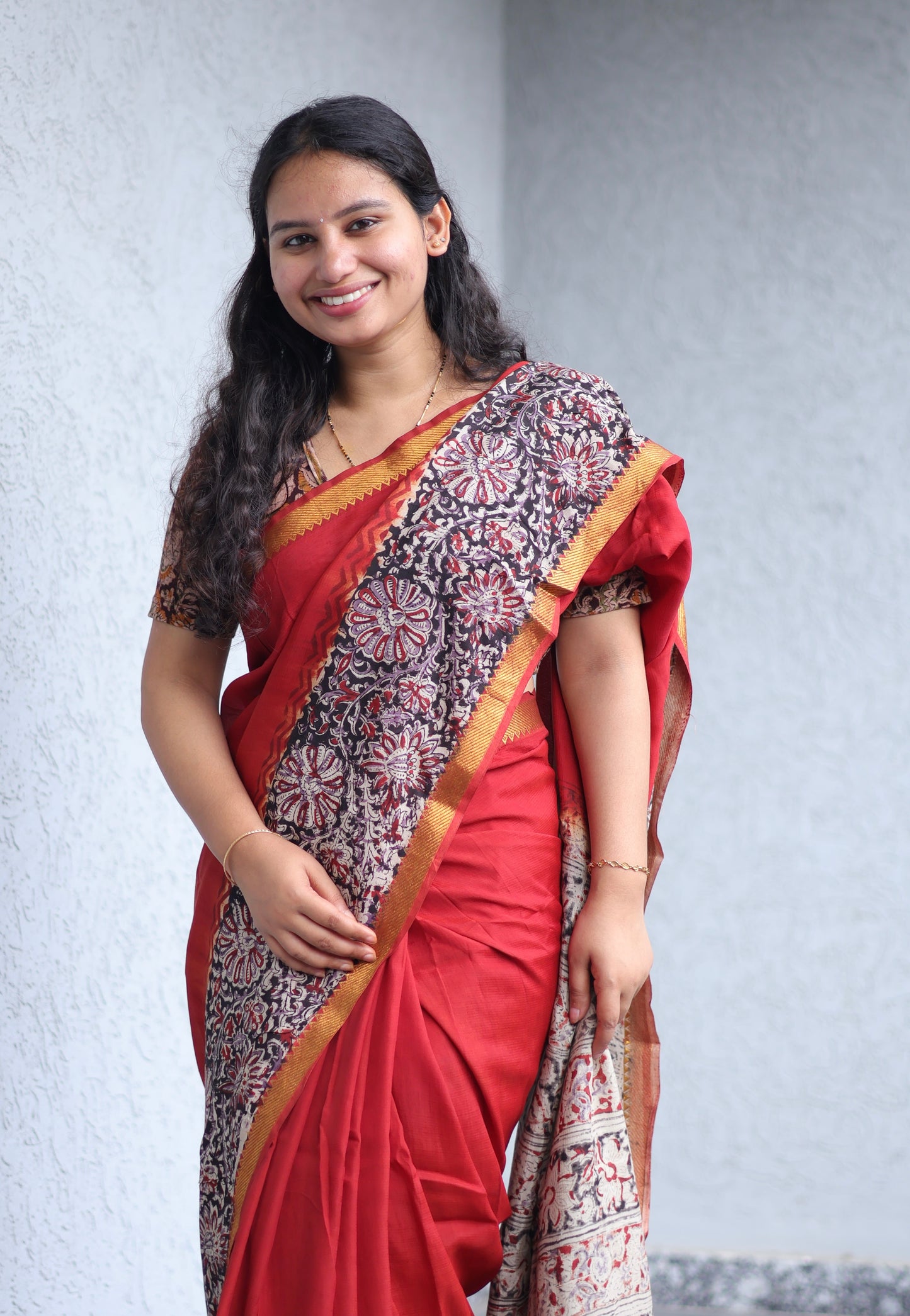 Red Kalamkari dyeing premium chennur silk with hand block print saree