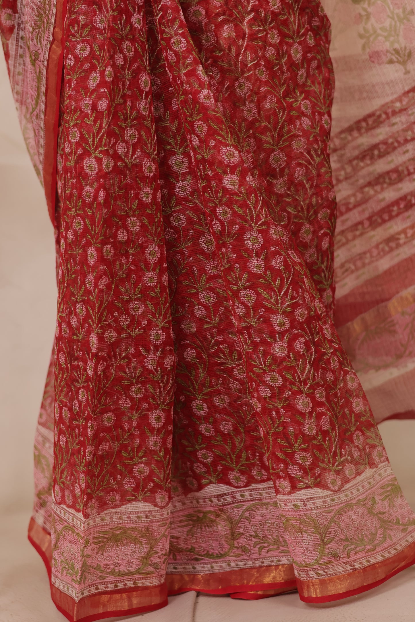 Maroon Pure Kota Doria Saree with Bagru Handblock Prints | Looms & Tassels
