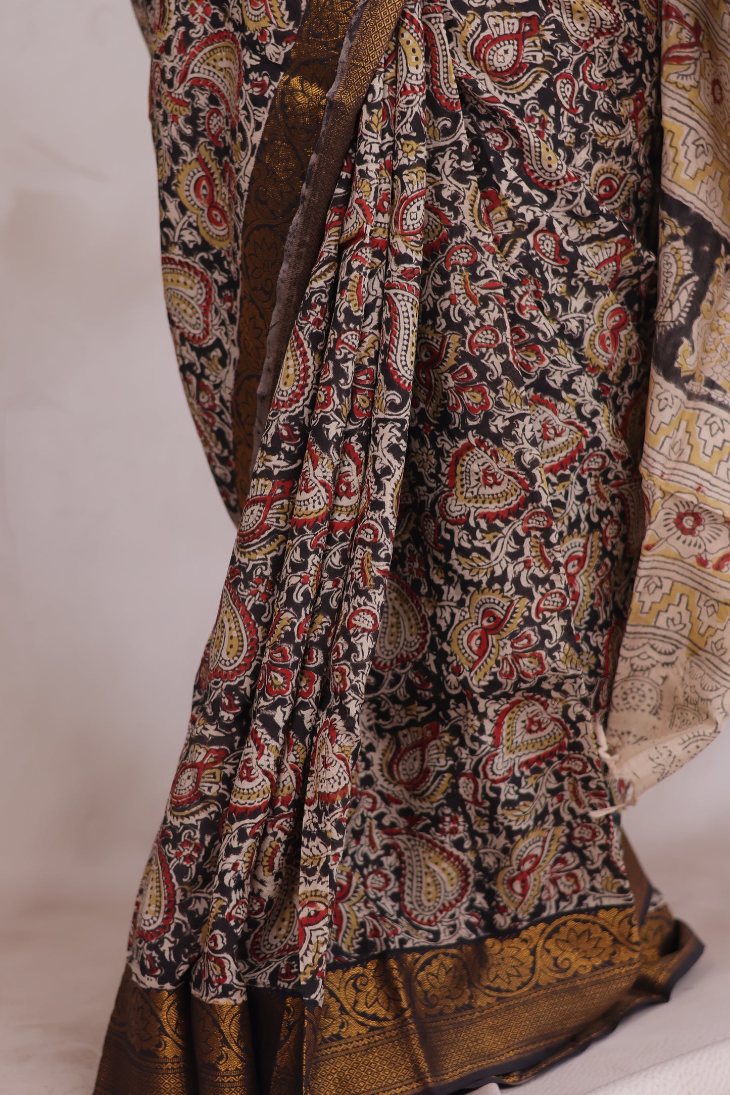 Black Hand Block Printed Kalamkari Kanchi Border Silk Saree