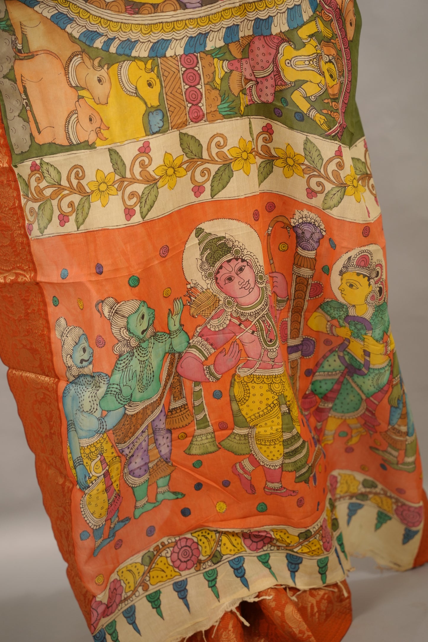 Olive Green Hand Drawn Pen Kalamkari Bangalore Silk Kanchi Border Saree | Looms & Tassels