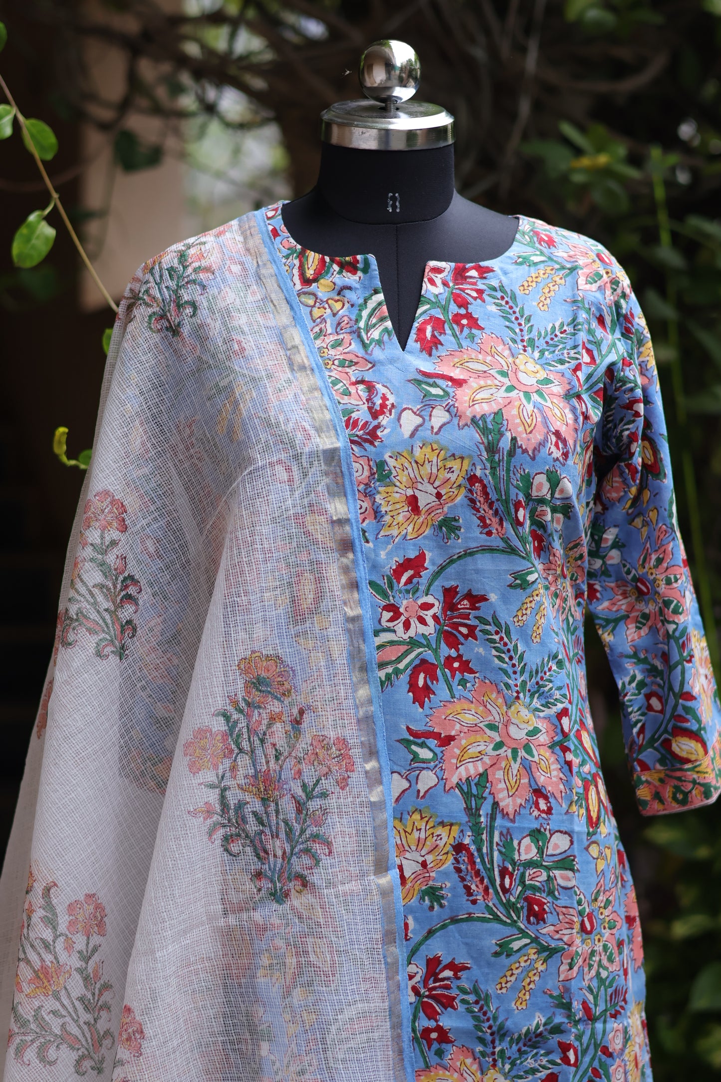 Blue Handblock printed Pure Mul Cotton with Kota Doria Duppata 3 piece suit (stitched)