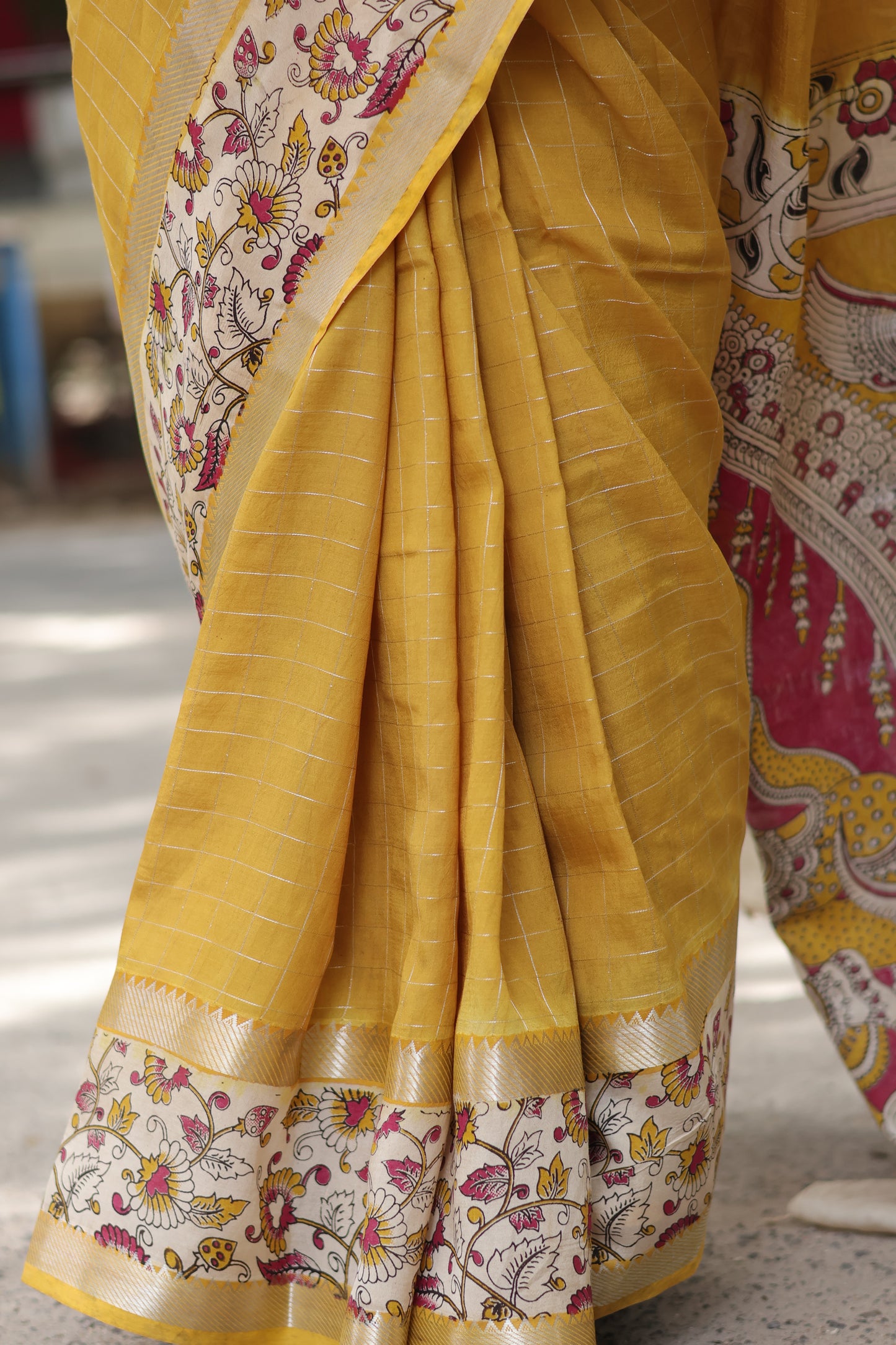 Golden Yellow Checks Kalamkari dyeing premium chennur silk saree