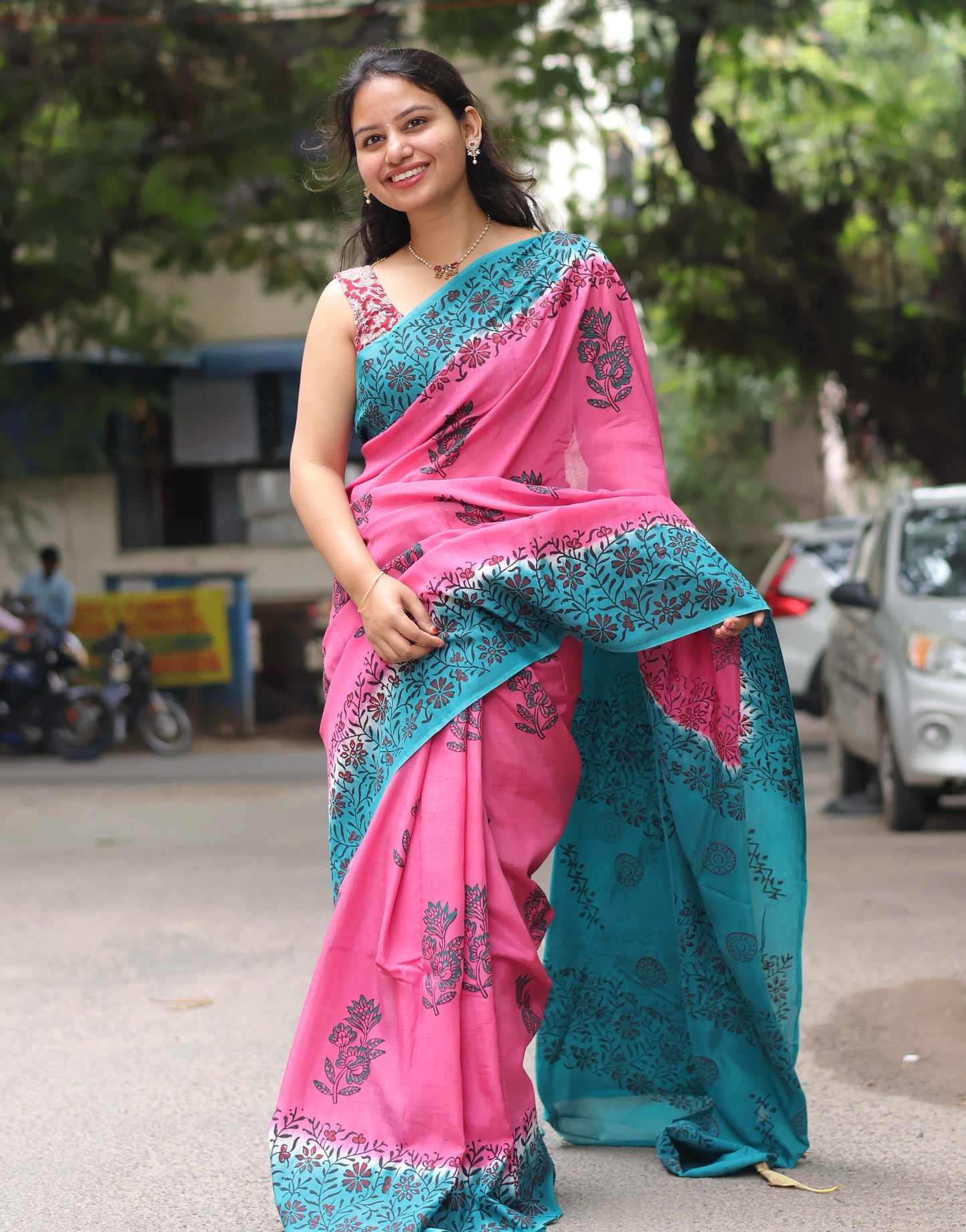 Pink Hand dyeing premium chennur silk with block prints saree