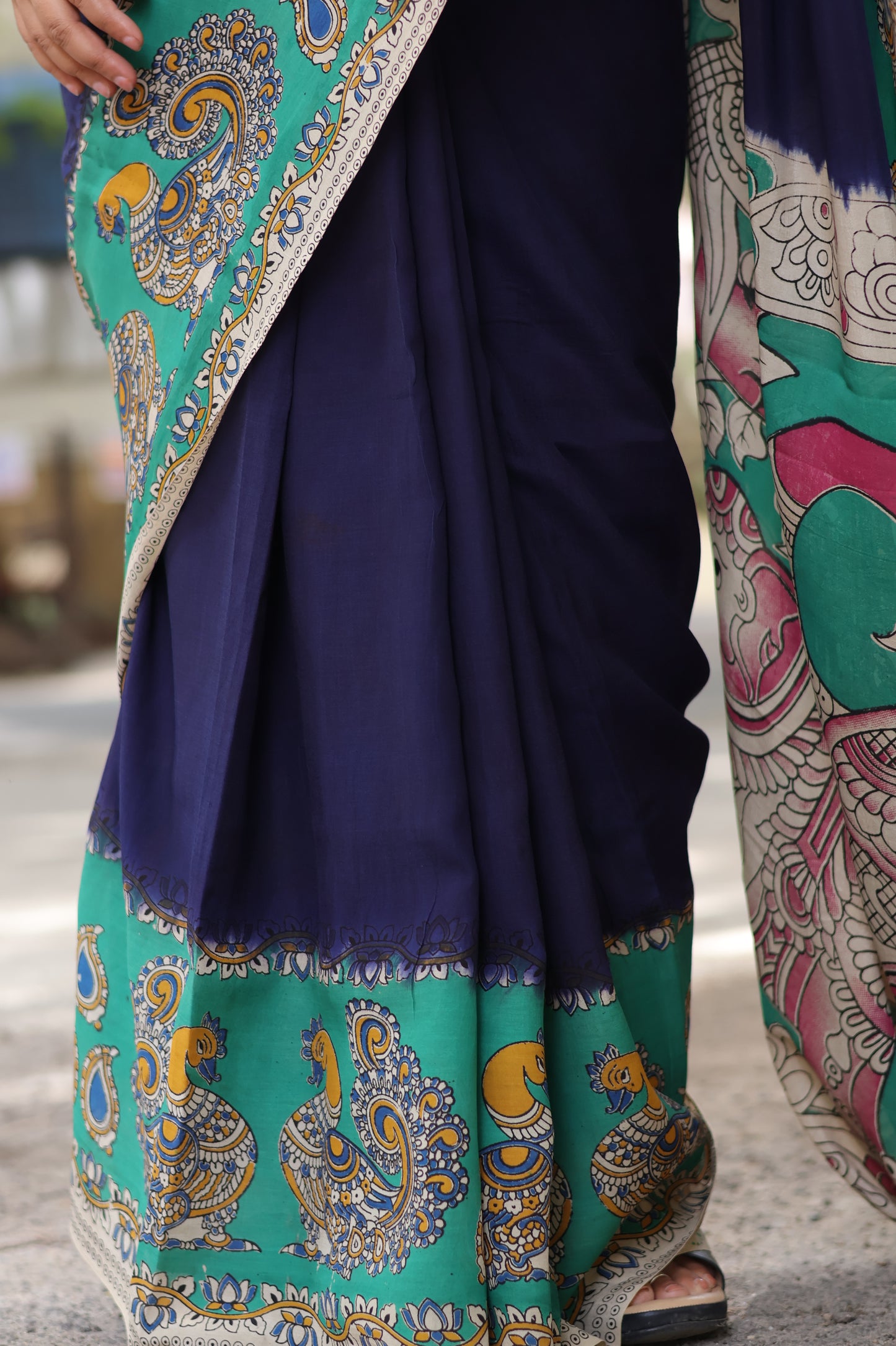 Blue Dual Color Border Kalamkari dyeing premium chennur silk saree